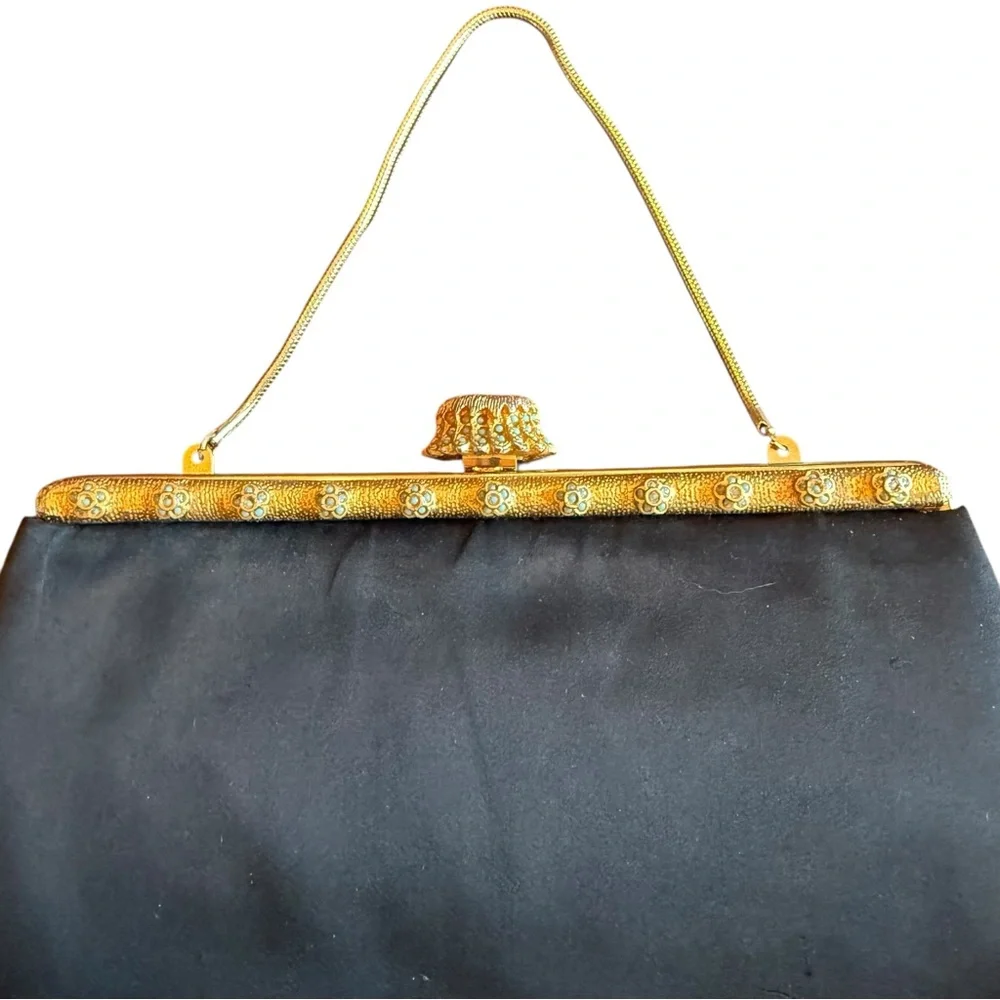 Vintage 1950s Black Satin Evening Purse with Ornate Gold Enamel Frame - Picture 4 of 8